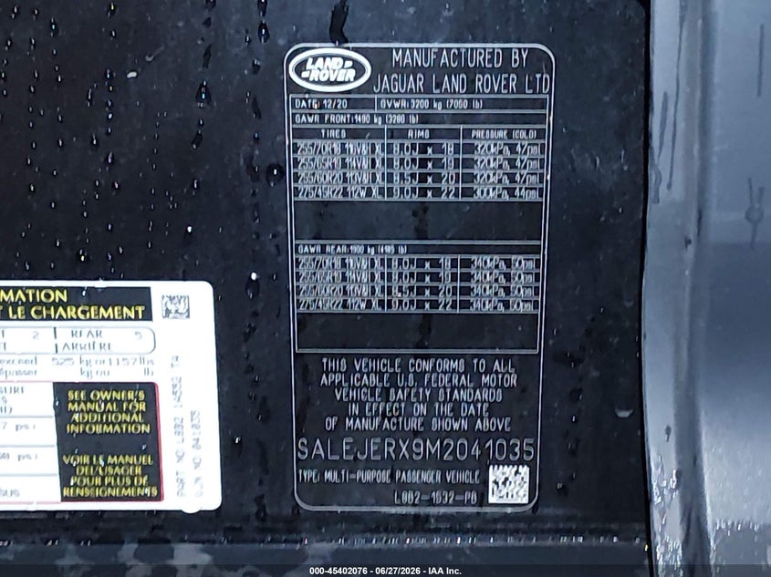 2021 Land rover Defender VIN SALEJERX9M2041035 IAAI salvage auction — RIGHT FRONT, Original (Kentucky), sold $12,900 on 2026-07-27 (photo 9)