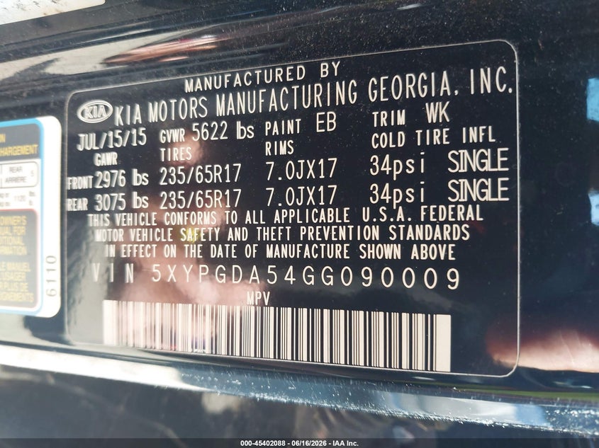 2016 Kia Sorento VIN 5XYPGDA54GG090009 IAAI salvage auction — NORMAL WEAR, Clear (Virginia), sold $2,175 on 2026-07-15 (photo 9)