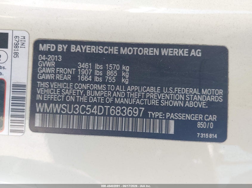 2013 Mini VIN WMWSU3C54DT683697 IAAI salvage auction — FRONT END, Salvage Title, sold $400 on 2026-07-22 (photo 9)