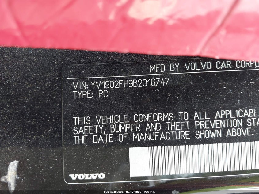 2011 Volvo S60 VIN YV1902FH9B2016747 IAAI salvage auction — FRONT END, Salvage (Pennsylvania), sold $25 on 2026-07-08 (photo 9)