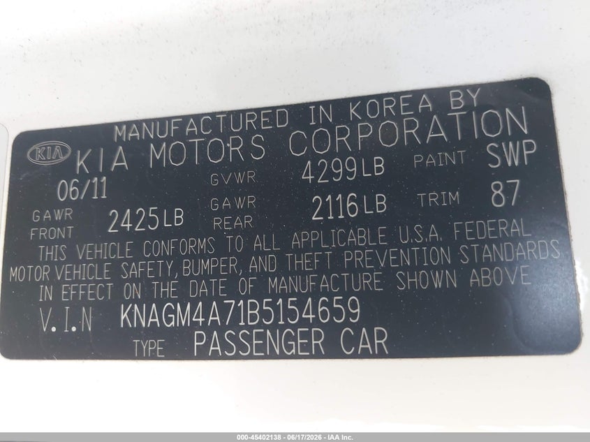 2011 Kia Optima VIN KNAGM4A71B5154659 IAAI salvage auction — RIGHT SIDE, Salvage (California), sold $650 on 2026-07-22 (photo 9)