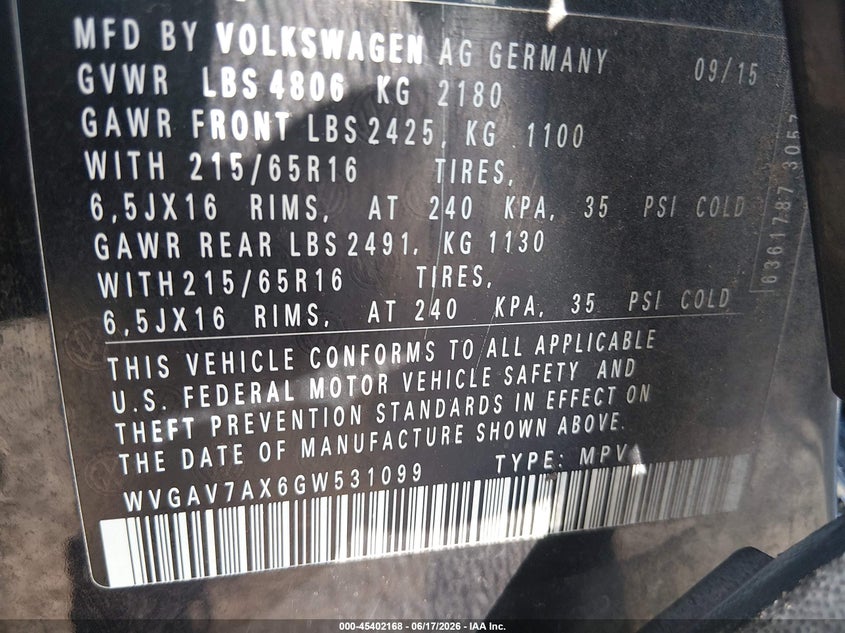 2016 Volkswagen Tiguan VIN WVGAV7AX6GW531099 IAAI salvage auction — FRONT END, Clear (Arkansas), sold $475 on 2026-08-12 (photo 9)