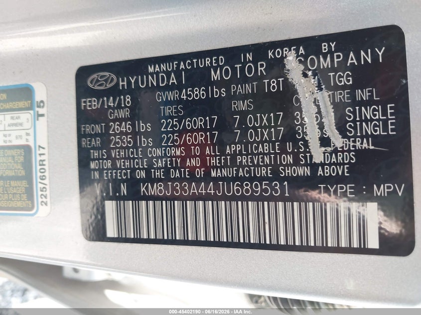 2018 Hyundai Tucson VIN KM8J33A44JU689531 IAAI salvage auction — FRONT END, Salvage (Ohio), sold $5,300 on 2026-07-08 (photo 9)