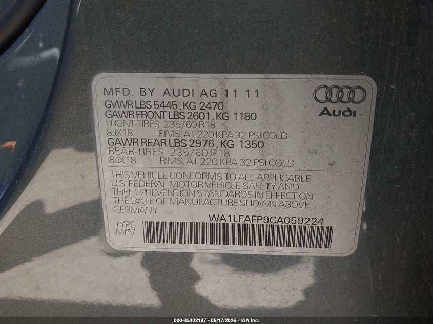 2012 Audi Q5 VIN WA1LFAFP9CA059224 IAAI salvage auction — RIGHT FRONT, Salvage (California), sold $1,950 on 2026-07-08 (photo 9)
