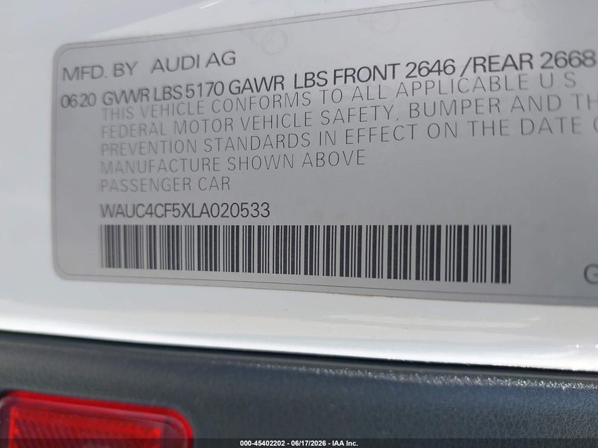 2020 Audi VIN WAUC4CF5XLA020533 IAAI salvage auction — FRONT & REAR, Mv-907A (New York), sold $6,700 on 2026-07-15 (photo 9)