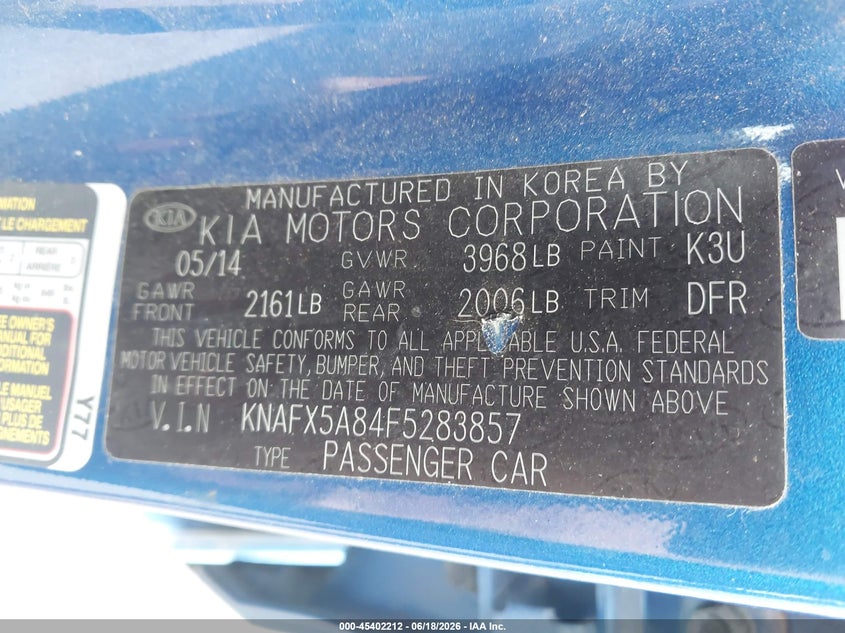 2015 Kia Forte VIN KNAFX5A84F5283857 IAAI salvage auction — NORMAL WEAR, Clear (Virginia), sold $1,000 on 2026-07-14 (photo 9)