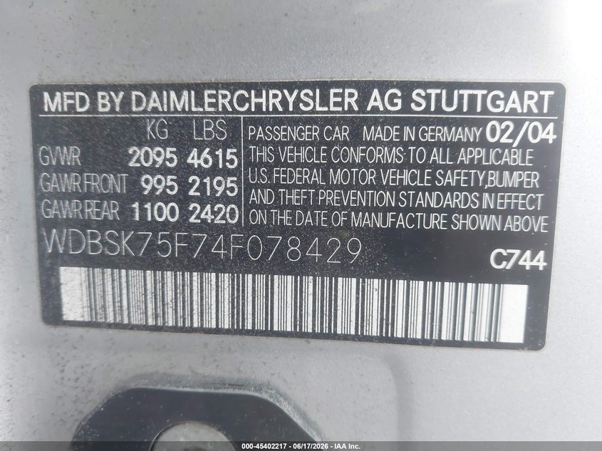 2004 Mercedes-benz Sl-class VIN WDBSK75F74F078429 IAAI salvage auction — FRONT END, Original (Texas), sold $1,050 on 2026-07-20 (photo 9)