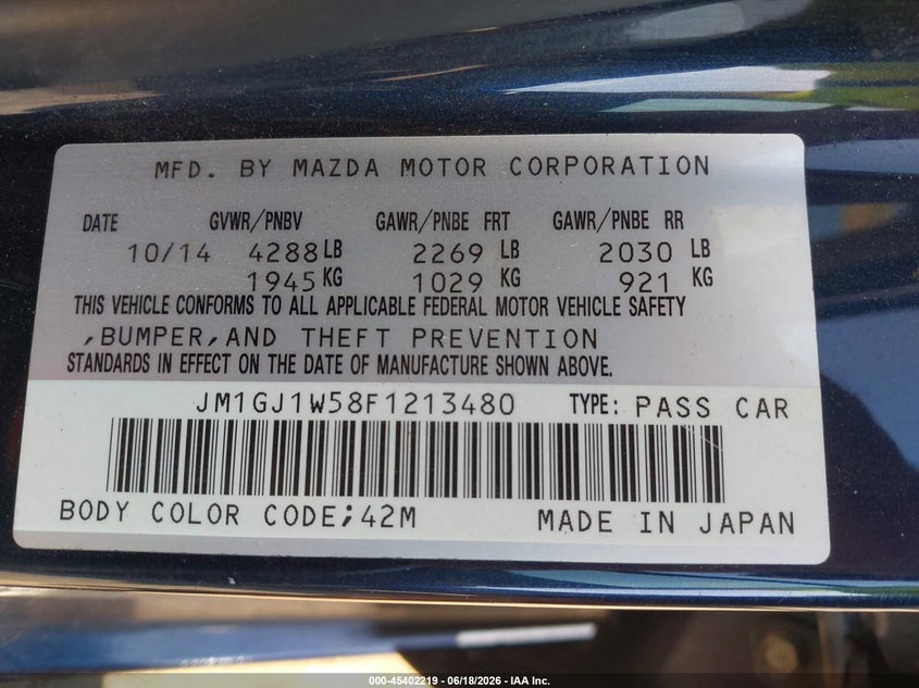 2015 Mazda 6 VIN JM1GJ1W58F1213480 IAAI salvage auction — FRONT END, Original (Texas), sold $775 on 2026-07-28 (photo 9)