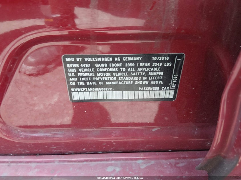 2017 Volkswagen Passat cc VIN WVWKP7AN0HE506272 IAAI salvage auction — RIGHT FRONT, Salvage (Illinois), sold $475 on 2026-08-11 (photo 9)