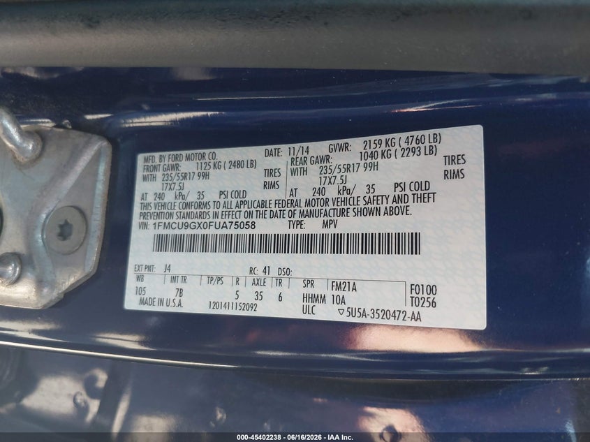 2015 Ford Escape VIN 1FMCU9GX0FUA75058 IAAI salvage auction — LEFT FRONT, Salvage (Arizona), sold $775 on 2026-07-09 (photo 9)