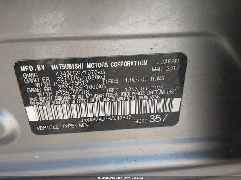2017 Mitsubishi Outlander VIN JA4AP3AU7HZ043867 IAAI salvage auction — FRONT END, Salvage Title, sold $1,250 on 2026-07-29 (photo 9)