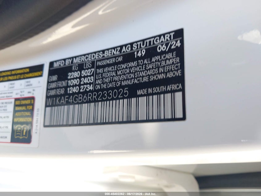 2024 Mercedes-benz VIN W1KAF4GB6RR233025 IAAI salvage auction — REAR END, Salvage Title, sold $6,300 on 2026-07-29 (photo 9)