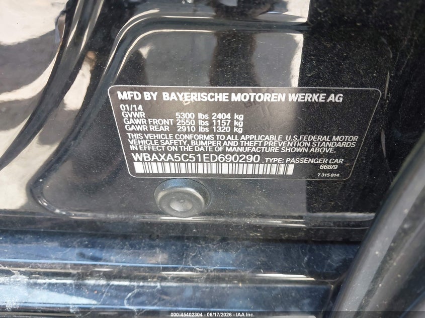 2014 BMW 5er VIN WBAXA5C51ED690290 IAAI salvage auction — Burn Engine, Salvage (South Carolina), sold $1,700 on 2026-07-08 (photo 9)