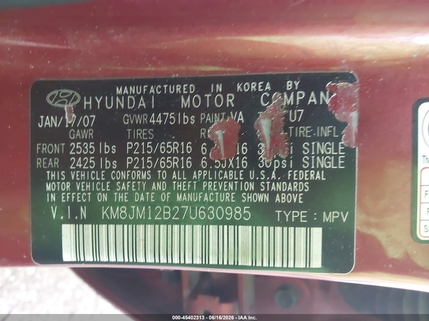 2007 Hyundai Tucson VIN KM8JM12B27U630985 IAAI salvage auction — NORMAL WEAR, Clear (Missouri), sold $550 on 2026-07-29 (photo 9)
