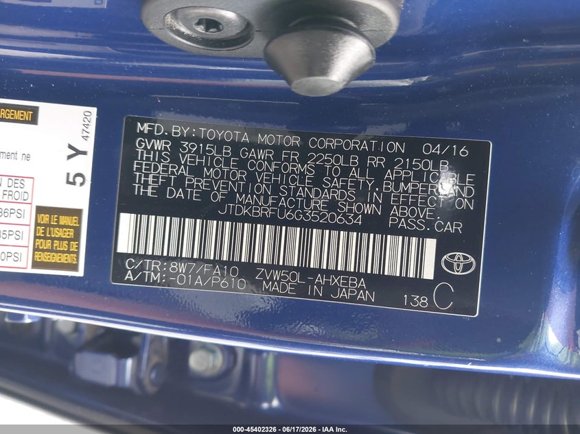 2016 Toyota Prius VIN JTDKBRFU6G3520634 IAAI salvage auction — FRONT END, Bill Of Sale (Washington), sold $2,675 on 2026-07-22 (photo 9)