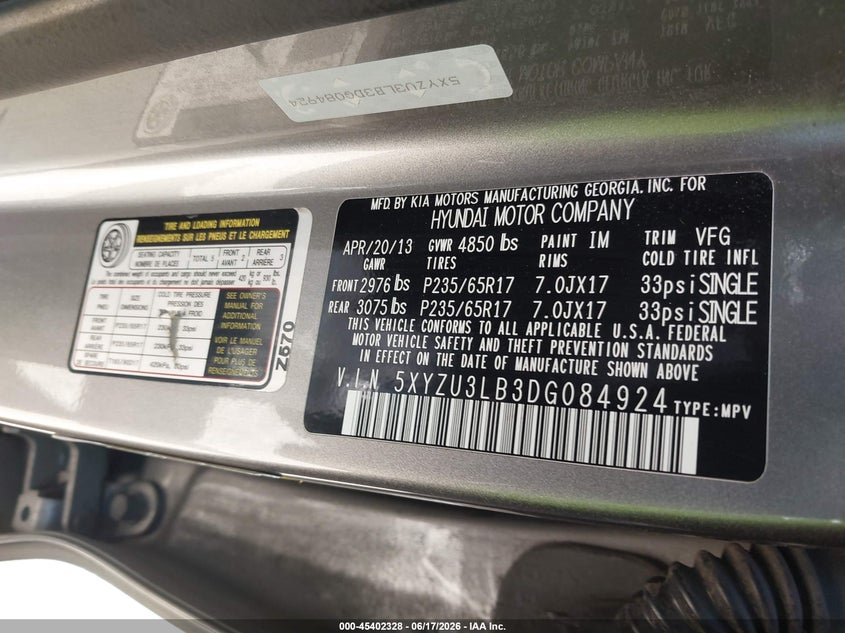 2013 Hyundai Santa fe VIN 5XYZU3LB3DG084924 IAAI salvage auction — FRONT END, Salvage (Texas), sold $1,800 on 2026-07-08 (photo 9)