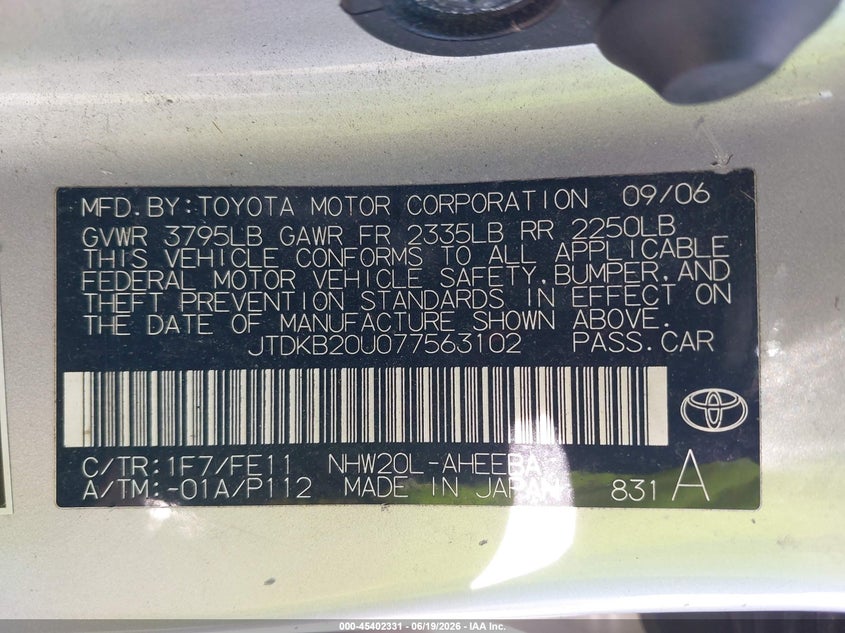 2007 Toyota Prius VIN JTDKB20U077563102 IAAI salvage auction — FRONT END, Previous Salvage (Michigan), sold $475 on 2026-07-16 (photo 9)