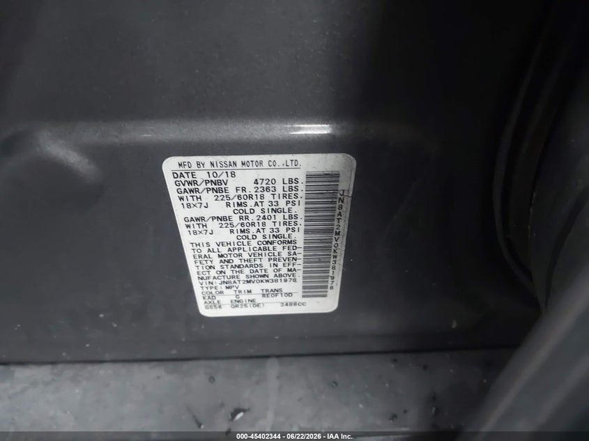 2019 Nissan Rogue VIN JN8AT2MV0KW381978 IAAI salvage auction — FRONT END, Salvage Title, sold $25 on 2026-07-21 (photo 9)