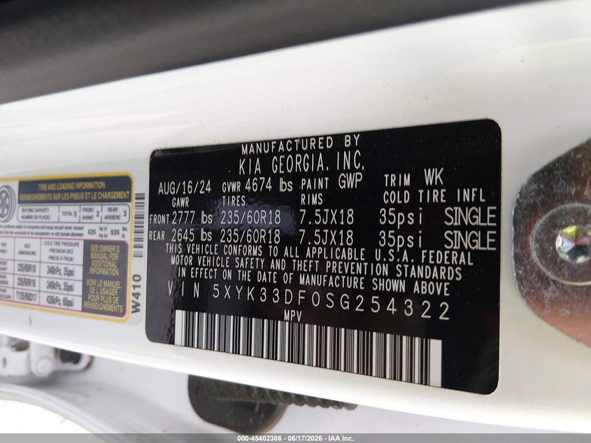 2025 Kia Sportage VIN 5XYK33DF0SG254322 IAAI salvage auction — RIGHT FRONT, Salvage Title, sold $7,600 on 2026-07-26 (photo 9)