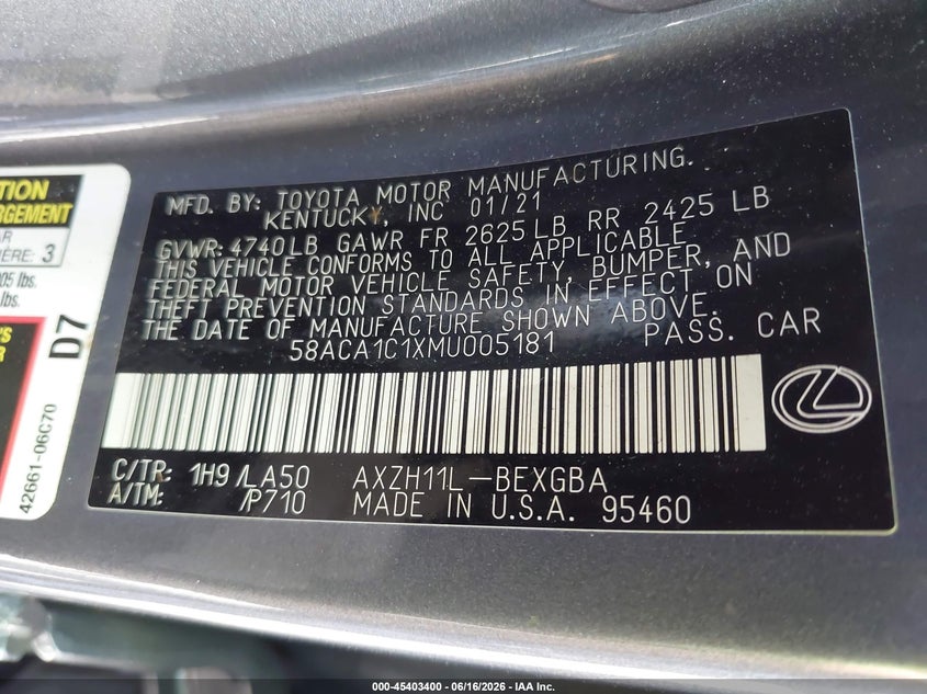 2021 Lexus ES VIN 58ACA1C1XMU005181 IAAI salvage auction — FRONT & REAR, Salvage Title, sold $7,300 on 2026-08-24 (photo 9)