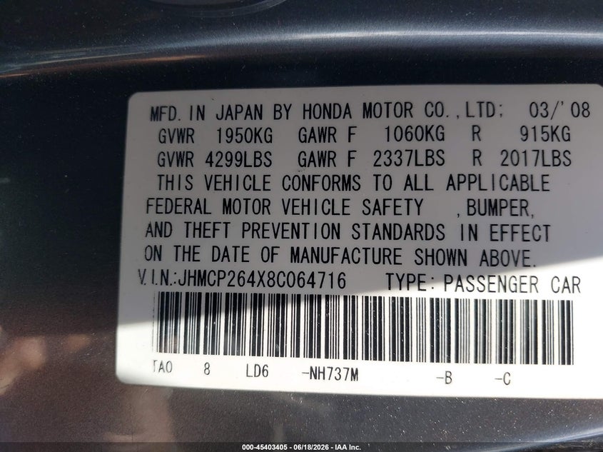 2008 Honda Accord VIN JHMCP264X8C064716 IAAI salvage auction — FRONT END, Salvage Certificate (California), sold $400 on 2026-07-08 (photo 9)