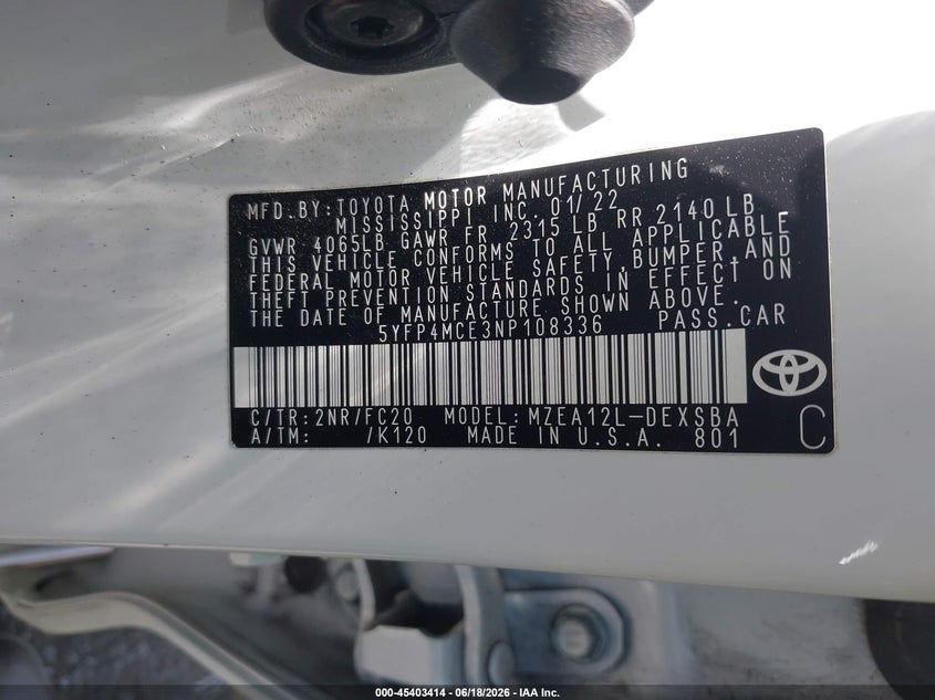 2022 Toyota Corolla VIN 5YFP4MCE3NP108336 IAAI salvage auction — FRONT END, Salvage Title, sold $3,950 on 2026-07-24 (photo 9)