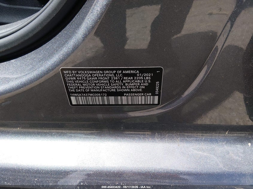 2021 Volkswagen Passat VIN 1VWSA7A37MC005172 IAAI salvage auction — RIGHT FRONT, Salvage (Texas), sold $2,200 on 2026-08-01 (photo 9)