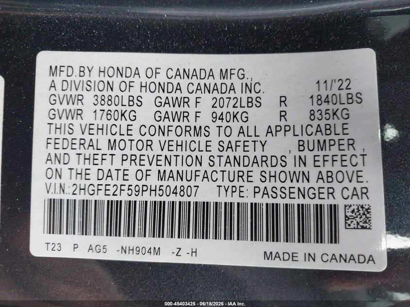 2023 Honda Civic VIN 2HGFE2F59PH504807 IAAI salvage auction — FRONT END, Salvage Title, sold $6,600 on 2026-07-24 (photo 9)