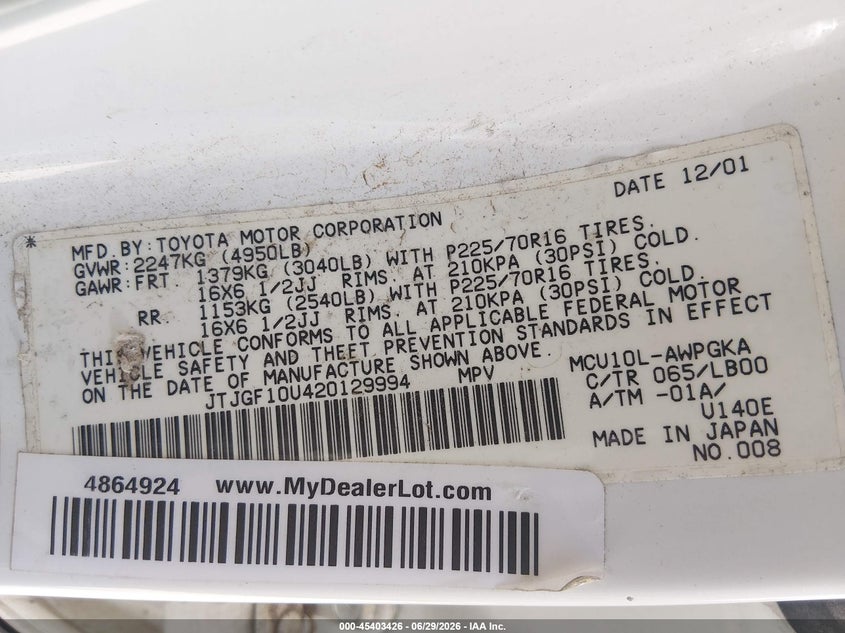 2002 Lexus Rx 300 VIN JTJGF10U420129994 IAAI salvage auction — NORMAL WEAR, Original (Texas), sold $25 on 2026-07-06 (photo 9)