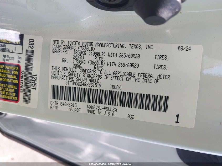 2024 Toyota Tundra VIN 5TFWA5DB4RX231519 IAAI salvage auction — FRONT END, Salvage Title, sold $10,100 on 2026-07-24 (photo 9)