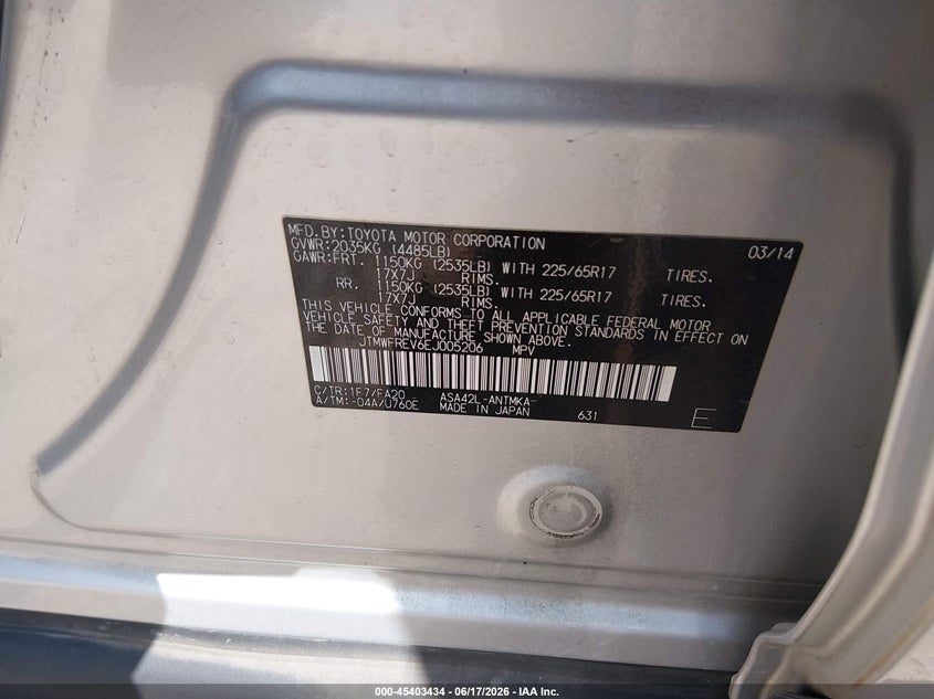 2014 Toyota Rav 4 VIN JTMWFREV6EJ005206 IAAI salvage auction — RIGHT FRONT, Salvage Title, sold $3,600 on 2026-07-14 (photo 9)