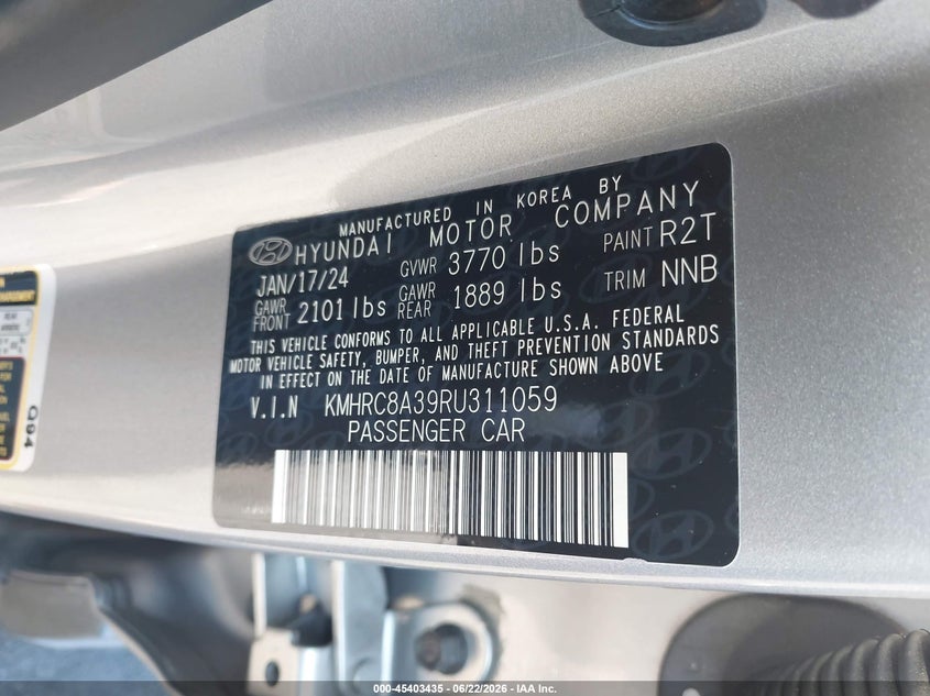 2024 Hyundai Venue VIN KMHRC8A39RU311059 IAAI salvage auction — FRONT END, Salvage Title, sold $25 on 2026-07-24 (photo 9)