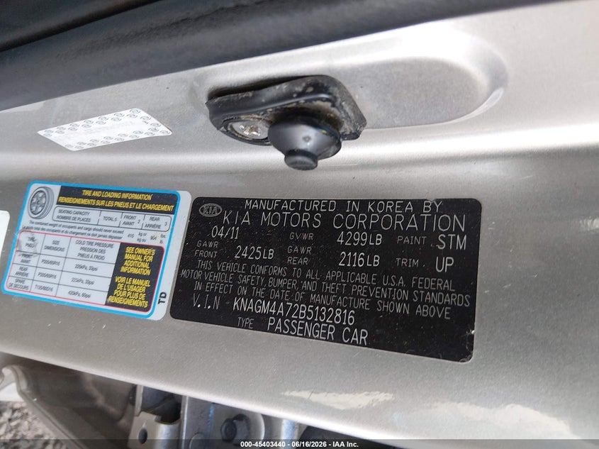 2011 Kia Optima VIN KNAGM4A72B5132816 IAAI salvage auction — FRONT END, Bill Of Sale (New York), sold $450 on 2026-07-14 (photo 9)