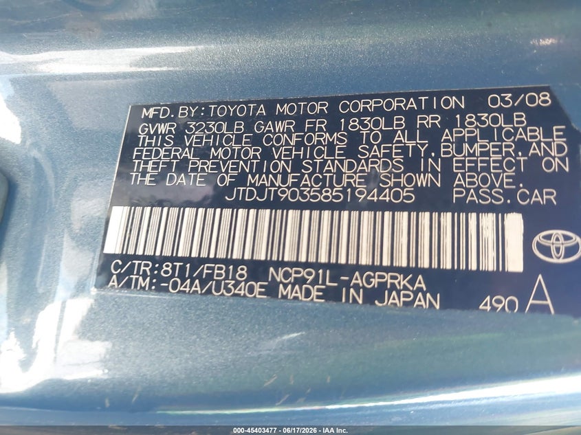 2008 Toyota Yaris VIN JTDJT903585194405 IAAI salvage auction — FRONT END, Salvage (California), sold $425 on 2026-07-15 (photo 9)