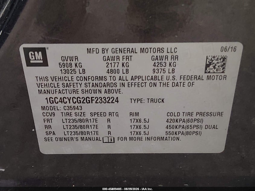 2016 Chevrolet Silverado VIN 1GC4CYCG2GF233224 IAAI salvage auction — NORMAL WEAR, Sf97 (Washington), sold $925 on 2026-07-29 (photo 9)
