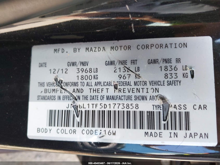 2013 Mazda 3 VIN JM1BL1TF5D1773858 IAAI salvage auction — SIDE, Salvage Title, sold $450 on 2026-07-09 (photo 9)