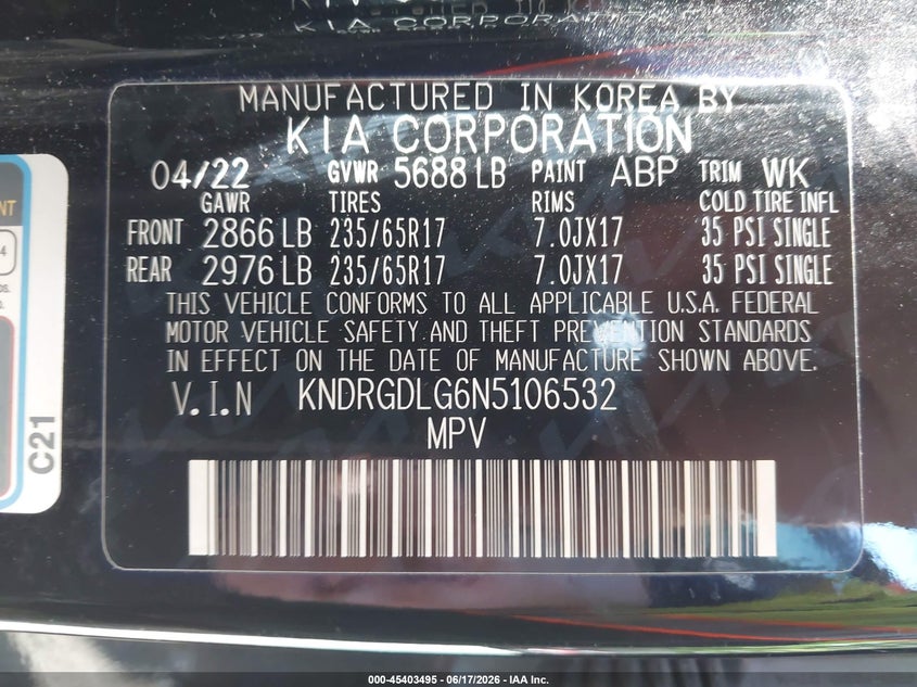 2022 Kia VIN KNDRGDLG6N5106532 IAAI salvage auction — FRONT END, Salvage Title, sold $9,150 on 2026-07-14 (photo 9)