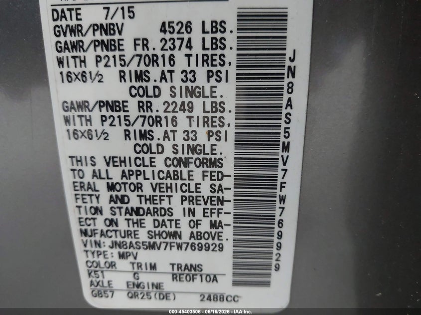 2015 Nissan Rogue VIN JN8AS5MV7FW769929 IAAI salvage auction — NORMAL WEAR, Clear (New York), sold $425 on 2026-07-15 (photo 9)