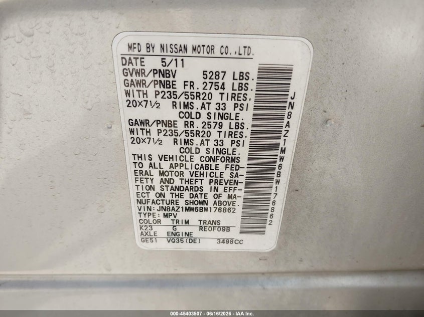 2011 Nissan Murano VIN JN8AZ1MW6BW176862 IAAI salvage auction — NORMAL WEAR, Clear (Virginia), sold $450 on 2026-07-15 (photo 9)