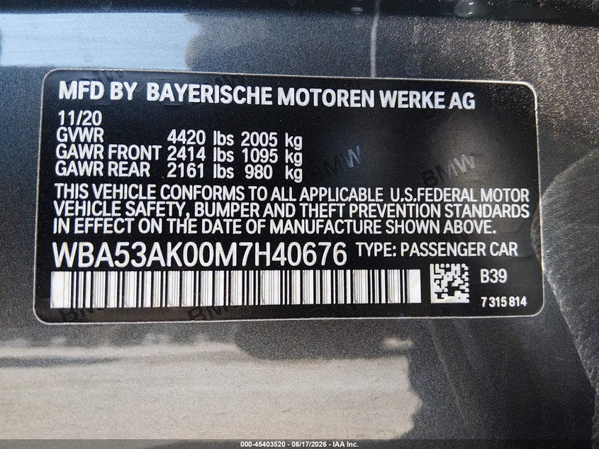 2021 BMW 2er VIN WBA53AK00M7H40676 IAAI salvage auction — FRONT END, Salvage Title, sold $3,800 on 2026-07-29 (photo 9)