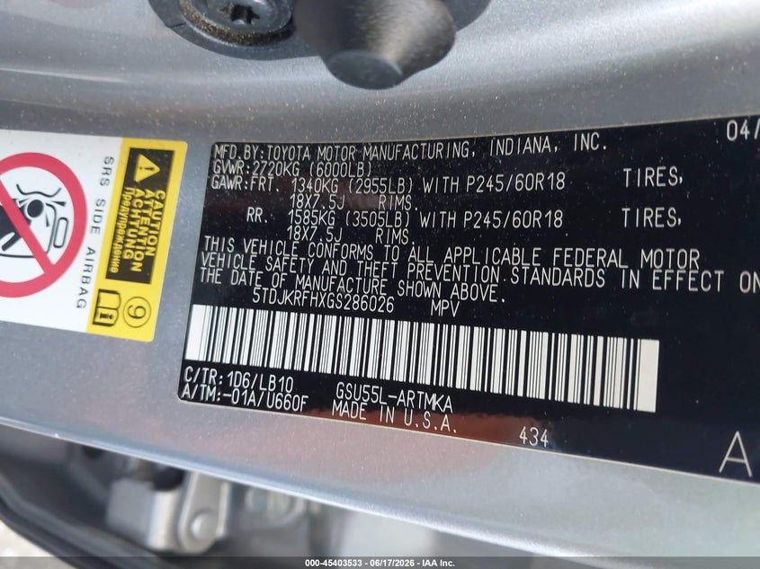 2016 Toyota Highlander VIN 5TDJKRFHXGS286026 IAAI salvage auction — SIDE, Salvage Title, sold $7,175 on 2026-07-14 (photo 9)