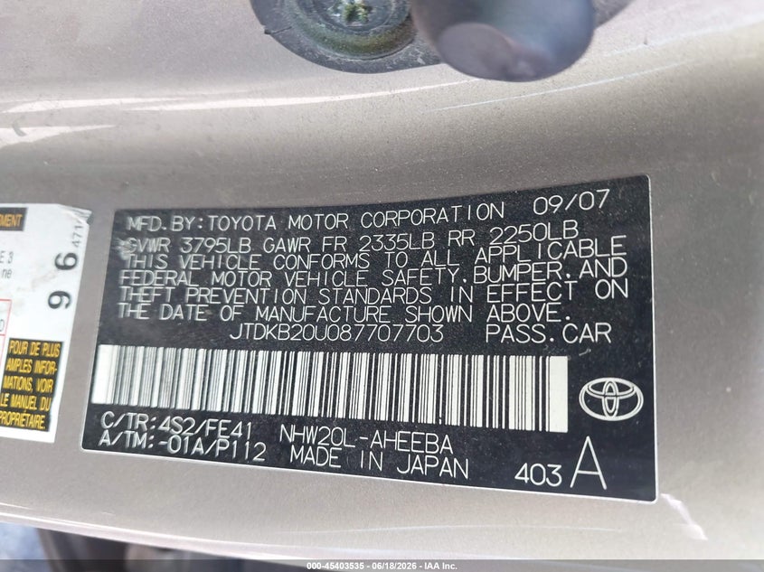 2008 Toyota Prius VIN JTDKB20U087707703 IAAI salvage auction — NORMAL WEAR, Clear (Washington), sold $1,125 on 2026-07-28 (photo 9)
