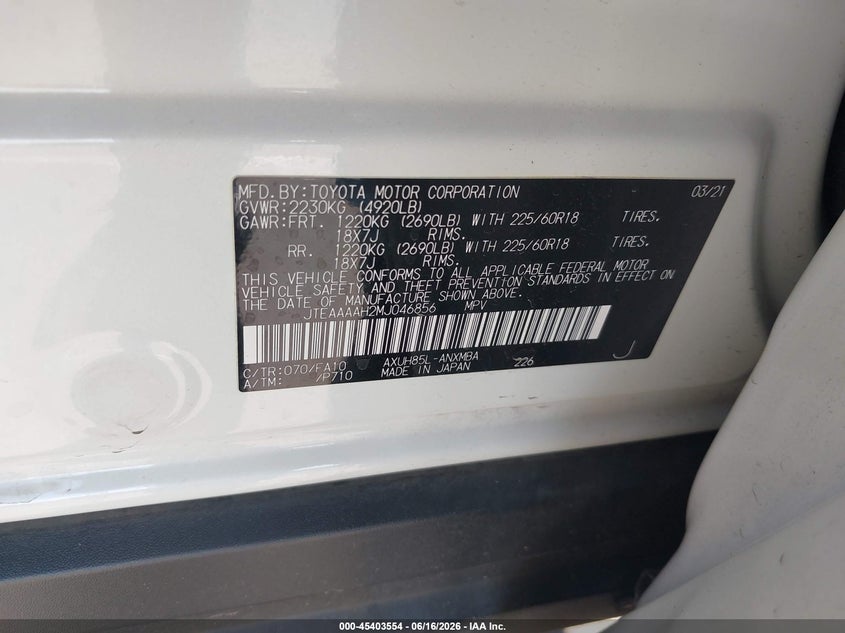 2021 Toyota Venza VIN JTEAAAAH2MJ046856 IAAI salvage auction — REAR END, Salvage (Arizona), sold $6,200 on 2026-07-21 (photo 9)