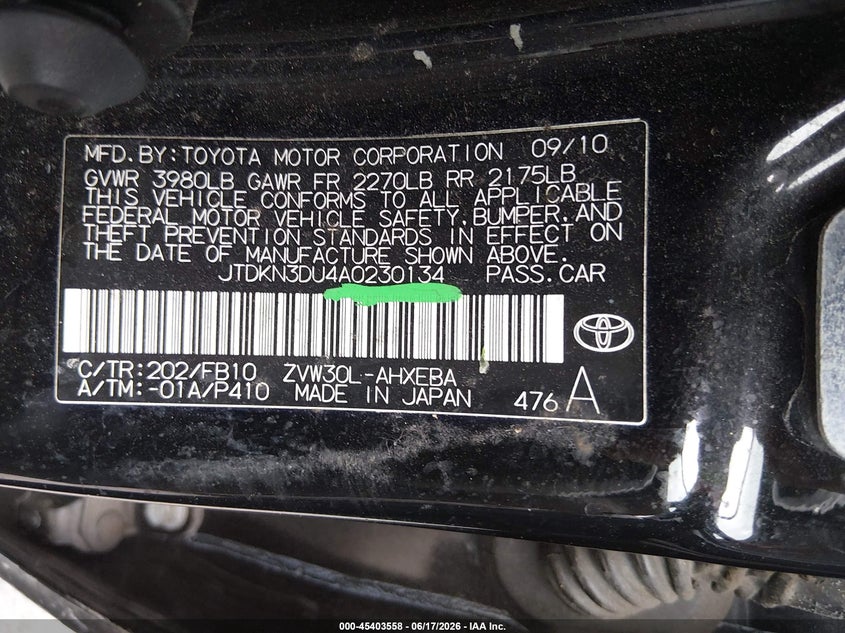 2010 Toyota Prius VIN JTDKN3DU4A0230134 IAAI salvage auction — FRONT END, Salvage (California), sold $575 on 2026-07-09 (photo 9)
