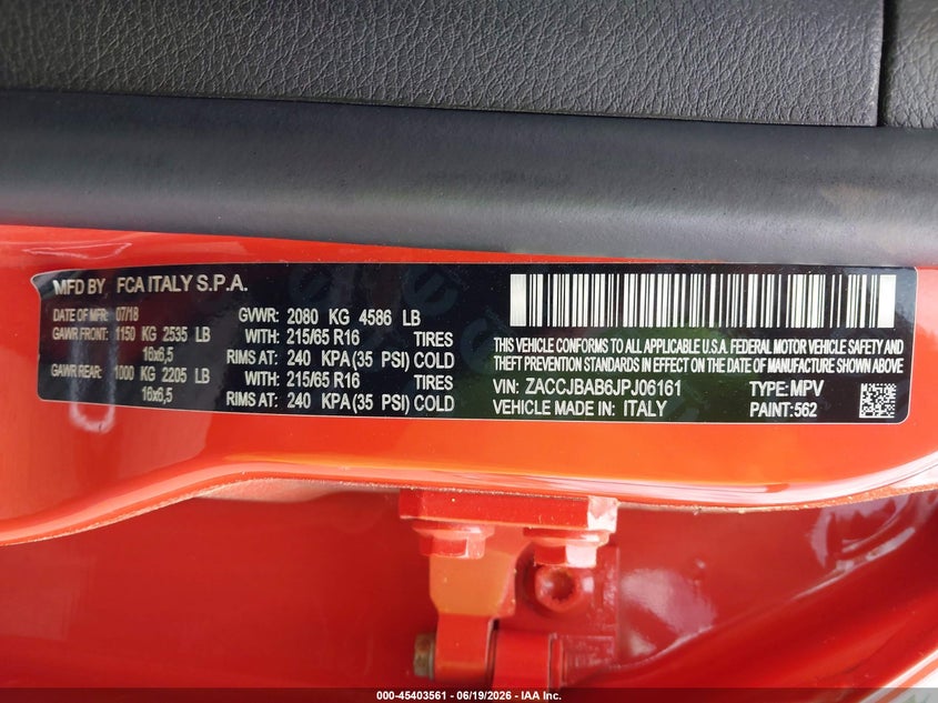 2018 Jeep Renegade VIN ZACCJBAB6JPJ06161 IAAI salvage auction — NORMAL WEAR, Sf97 (Maine), sold $575 on 2026-07-20 (photo 9)