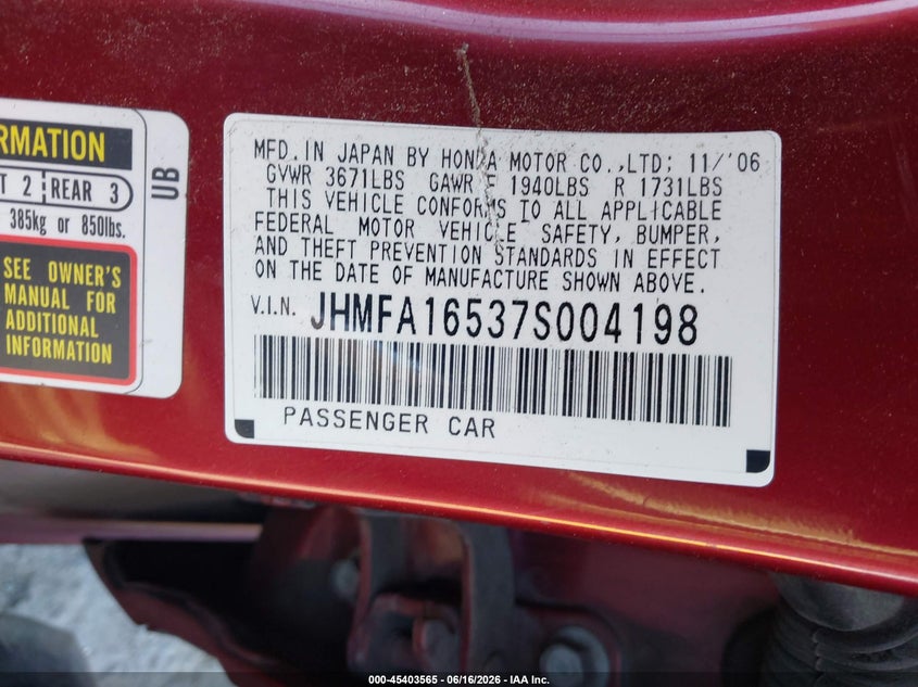 2007 Honda Civic VIN JHMFA16537S004198 IAAI salvage auction — NORMAL WEAR, Clear (Nevada), sold $375 on 2026-07-09 (photo 9)