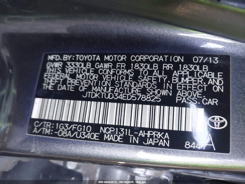 2014 Toyota Yaris VIN JTDKTUD34ED578825 IAAI salvage auction — NORMAL WEAR, Salvage (California), sold $1,100 on 2026-07-21 (photo 9)