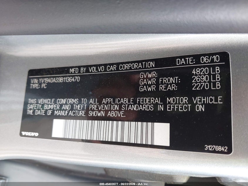 2011 Volvo S80 VIN YV1940AS9B1136470 IAAI salvage auction — FRONT END, Clear (Massachusetts), sold $100 on 2026-07-14 (photo 9)