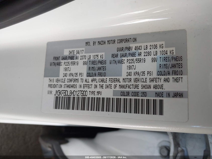2017 Mazda Cx-5 VIN JM3KFBDL8H0127900 IAAI salvage auction — FRONT END, Salvage (California), sold $4,100 on 2026-08-01 (photo 9)