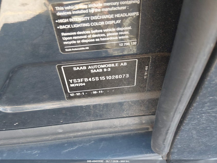 2005 Saab 9-3 VIN YS3FB45S151026073 IAAI salvage auction — UNDERCARRIAGE, Salvage (Colorado), sold $175 on 2026-08-04 (photo 9)